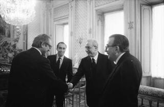 Il Presidente della Repubblica Francesco Cossiga riceve in visita di omaggio l'on. Giulio Andreotti, ministro degli affari esteri, con Franco Carraro, presidente del CONI, gli esponenti della Fondazione Giulio Onesti, per la presentazione del libro "Così splendeva Olimpia"
