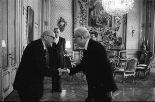 Il Presidente della Repubblica Francesco Cossiga incontra Francesco Gabrieli, presidente dell'Accademia nazionale dei Lincei, con il Consiglio di presidenza