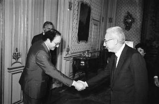 Il Presidente della Repubblica Francesco Cossiga con Frank D. Stella, presidente della National Italian-American Foundation e una delegazione del sodalizio