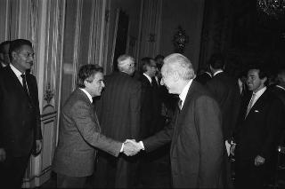 Incontro del Presidente della Repubblica Francesco Cossiga con Stefano Sandri, presidente dell'EFIM, con una delegazione della Finanziaria "Ernesto Breda" s.p.a., nel centenario di fondazione della Società
