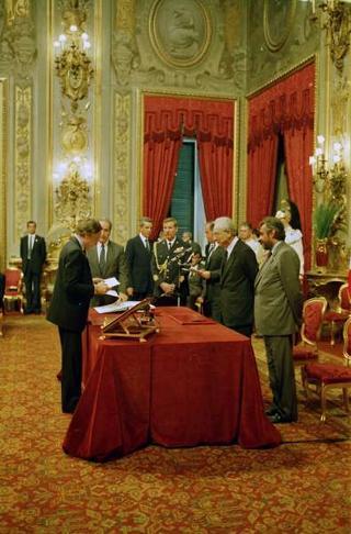 Il Presidente della Repubblica Francesco Cossiga presiede alla cerimonia di Giuramento del I Governo Goria