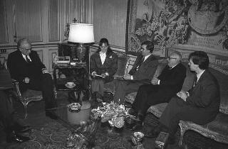 Incontro del Presidente della Repubblica Francesco Cossiga con Ton Frinking e Peter Corterier, rispettivamente presidente e segretario generale dell'Assemblea dell'Atlantico del Nord, accompagnati dall' on. Mariano Rumor, presidente della delegazione italiana presso l'Assemblea