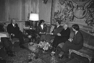 Incontro del Presidente della Repubblica Francesco Cossiga con Ton Frinking e Peter Corterier, rispettivamente presidente e segretario generale dell'Assemblea dell'Atlantico del Nord, accompagnati dall' on. Mariano Rumor, presidente della delegazione italiana presso l'Assemblea