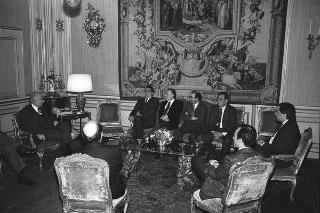 Il Presidente della Repubblica Francesco Cossiga incontra Rino Nicolosi e Leoluca Orlando Cascio, rispettivamente presidente della Regione Sicilia e sindaco di Palermo