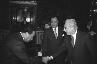 Nissai Vejjajiva, nuovo ambasciatore del Regno di Thailandia; Hamid Abutalebi, nuovo ambasciatore della Repubblica Islamica dell'Iran; Joseph Tchicaya, nuovo ambasciatore della Repubblica Popolare del Congo; Ernest Sipho Mpofu, nuovo ambasciatore della Repubblica del Botswana