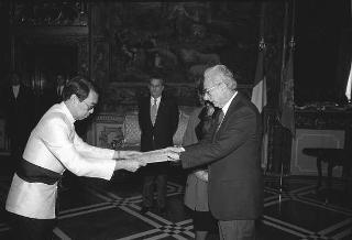 Nissai Vejjajiva, nuovo ambasciatore del Regno di Thailandia; Hamid Abutalebi, nuovo ambasciatore della Repubblica Islamica dell'Iran; Joseph Tchicaya, nuovo ambasciatore della Repubblica Popolare del Congo; Ernest Sipho Mpofu, nuovo ambasciatore della Repubblica del Botswana