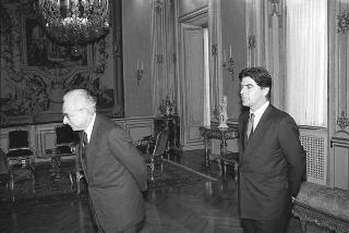 Incontro del Presidente della Repubblica Francesco Cossiga con NigroLev Tolkunov, presidente dell'Unione del Soviet Supremo dell'URSS, con una delegazione parlamentare, accompagnato dall'ambasciatore dell'URSS a Roma Nikolai M. Lunkov e da Luigi Franza, sottosegretario agli affari esteri