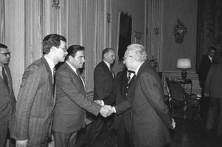Incontro del Presidente della Repubblica Francesco Cossiga con NigroLev Tolkunov, presidente dell'Unione del Soviet Supremo dell'URSS, con una delegazione parlamentare, accompagnato dall'ambasciatore dell'URSS a Roma Nikolai M. Lunkov e da Luigi Franza, sottosegretario agli affari esteri
