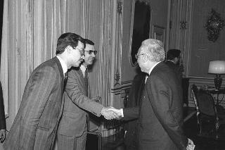Incontro del Presidente della Repubblica Francesco Cossiga con NigroLev Tolkunov, presidente dell'Unione del Soviet Supremo dell'URSS, con una delegazione parlamentare, accompagnato dall'ambasciatore dell'URSS a Roma Nikolai M. Lunkov e da Luigi Franza, sottosegretario agli affari esteri