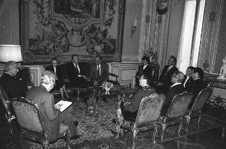 Incontro del Presidente della Repubblica Francesco Cossiga con Giorgio Tecce, preside della Facoltà di scienze matematiche fisiche e naturali dell'Università "La Sapienza" di Roma, con la professoressa Rita Levi Montalcini e François Jacob, in occasione del conferimento della laurea "honoris causa" in Scienze Biologiche ai due Premi Nobel