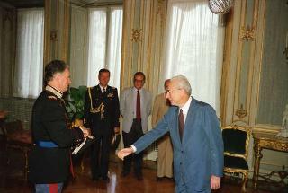 Udienza privata del Presidente della Repubblica Francesco Cossiga con l'Ammiraglio di Squadra Sergio  Majoli,  Capo Stato di Maggiore della  Marina  con l'Ammiraglio di Divisione Angelo Mariani