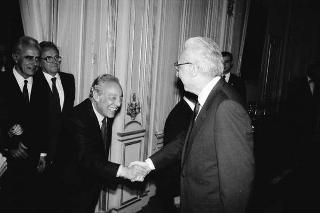 Il Presidente della Repubblica Francesco Cossiga riceve in udienza Pasquale Buccomino, editore della Nuova CEI Informatica, con i componenti della Direzione scientifica della casa Editrice, per presentare i primi due volumi dell'opera "Il Parlamento italiano 1861-1988"