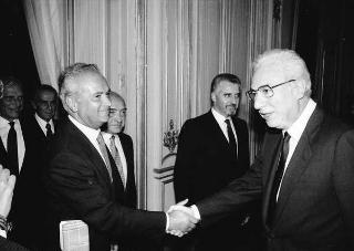 Il Presidente della Repubblica Francesco Cossiga riceve in udienza Pasquale Buccomino, editore della Nuova CEI Informatica, con i componenti della Direzione scientifica della casa Editrice, per presentare i primi due volumi dell'opera "Il Parlamento italiano 1861-1988"