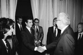 Il Presidente della Repubblica Francesco Cossiga riceve in udienza Pasquale Buccomino, editore della Nuova CEI Informatica, con i componenti della Direzione scientifica della casa Editrice, per presentare i primi due volumi dell'opera "Il Parlamento italiano 1861-1988"