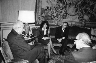 Il Presidente della Repubblica Francesca Cossiga incontra Robert Badinter, presidente del Conseil Costitutionell della Repubblica di Francia, con Francesco Saja, presidente della Corte Costituzionale