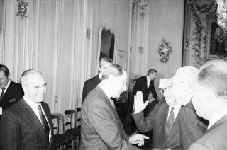 Il Presidente della Repubblica Francesco Cossiga incontra Mariano Rumor, presidente del Comitato Atlantico, con i componenti del Consiglio direttivo del Comitato