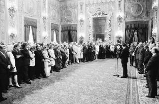 Il Presidente della Repubblica Francesco Cossiga incontra Franco Carraro, ministro del turismo e dello spettacolo, Gian Luigi Rondi, presidente dell'Ente David di Donatello, il comitato promotore, la giuria e i candidati ai Premi "David di Donatello" per il 1989