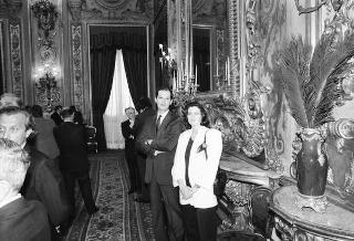 Il Presidente della Repubblica Francesco Cossiga incontra Franco Carraro, ministro del turismo e dello spettacolo, Gian Luigi Rondi, presidente dell'Ente David di Donatello, il comitato promotore, la giuria e i candidati ai Premi "David di Donatello" per il 1989