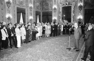 Il Presidente della Repubblica Francesco Cossiga incontra Franco Carraro, ministro del turismo e dello spettacolo, Gian Luigi Rondi, presidente dell'Ente David di Donatello, il comitato promotore, la giuria e i candidati ai Premi "David di Donatello" per il 1989