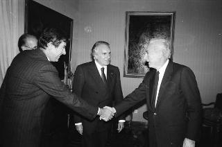 Incontro del Presidente della Repubblica Francesco Cossiga con l'ambasciatore Umberto La Rocca, presidente e Fausto Cereti, vicepresidente-amministratore delegato della Aeritalia, in occasione del 20° anniversario di fondazione della Società
