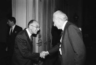 Incontro del Presidente della Repubblica Francesco Cossiga con Antonio Zurzolo, presidente del Banco di Roma, con Giuseppe Greco, Antonio Nottola e Marcello Tacci, amministratori delegati