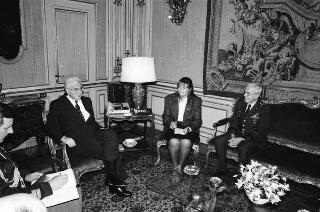 Incontro del Presidente della Repubblica Francesco Cossiga con il Generale John R. Galvin, comandante supremo delle Forze alleate in Europa, accompagnato da Peter F. Secchia, ambasciatore degli USA a Roma