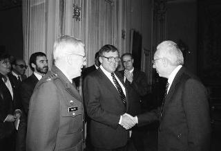 Incontro del Presidente della Repubblica Francesco Cossiga con il Generale John R. Galvin, comandante supremo delle Forze alleate in Europa, accompagnato da Peter F. Secchia, ambasciatore degli USA a Roma