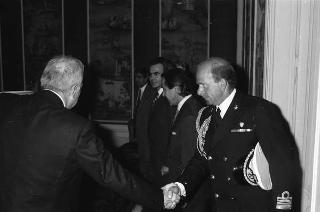 Il Presidente della Repubblica Francesco Cossiga riceve l'on.Virginio Rognoni, ministro della difesa, con Mario Tassone, presidente del Comitato di parlamentari per l'innovazione tecnologica, ed una delegazione del COPIT