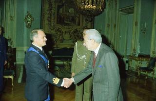 Udienza privata del Presidente della Repubblica Francesco Cossiga Privata durante la cerimonia del cambio ufficiali a Casa Militare: il Tenente Colonnello Antonio Angelini, il Colonnello Antonio D'Onofrio, il Tenente Colonnello Pietro Menna, il Capitano di vascello Paolo Romano