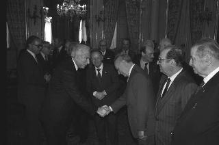 Il Presidente della Repubblica Francesco Cossiga incontra Antigono Donati, presidente dell'Associazione Amici dell'Accademia dei Lincei, con una delegazione del'Associazione