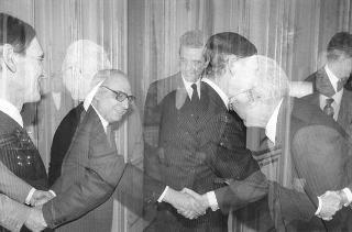 Incontro del Presidente della Repubblica Francesco Cossiga con Maurice Druon, segretario permanente dell'Accademia francese e presidente dell'Associazione Francia-Italia, con l'ambasciatore Walter Gardini, presidente dell'Associazione Italia-Francia, e Gilbert Perol, ambasciatore della Repubblica Francese a Roma
