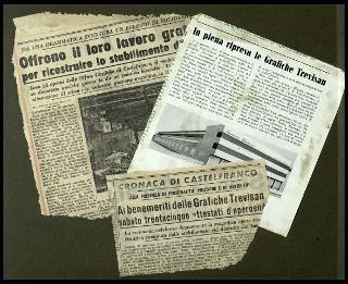 Testimonianze delle officine grafiche Trevisan di Castelfranco Veneto con la documentazione della distruzione a causa di un incendio il 9 gennaio 1956 fino alla ripresa dell'attività nel gennaio 1957