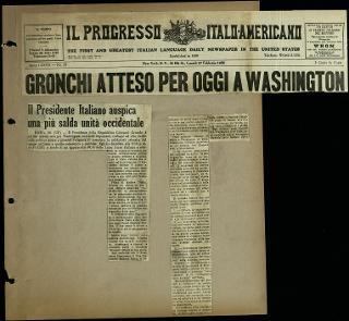 Viaggio in America di Giovanni Gronchi con la moglie Carla Bissatini (ritagli del giornale "Il Progresso Italo-Americano" di New York)