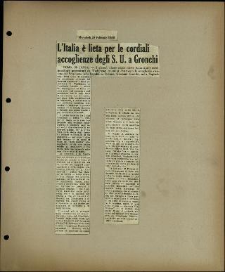 Viaggio in America di Giovanni Gronchi con la moglie Carla Bissatini (ritagli del giornale "Il Progresso Italo-Americano" di New York)