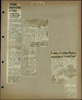 Viaggio in America di Giovanni Gronchi con la moglie Carla Bissatini (ritagli del giornale "Il Progresso Italo-Americano" di New York)