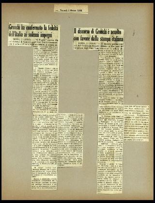 Viaggio in America di Giovanni Gronchi con la moglie Carla Bissatini (ritagli del giornale "Il Progresso Italo-Americano" di New York)