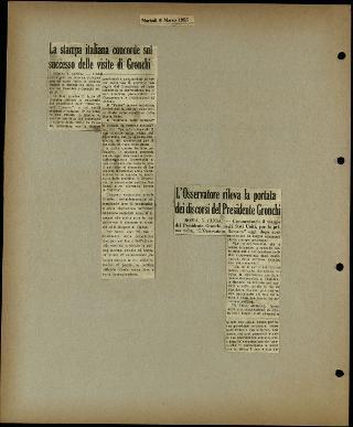 Viaggio in America di Giovanni Gronchi con la moglie Carla Bissatini (ritagli del giornale "Il Progresso Italo-Americano" di New York)