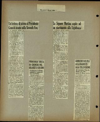 Viaggio in America di Giovanni Gronchi con la moglie Carla Bissatini (ritagli del giornale "Il Progresso Italo-Americano" di New York)