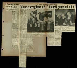 Viaggio in America di Giovanni Gronchi con la moglie Carla Bissatini (ritagli del giornale "Il Progresso Italo-Americano" di New York)