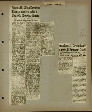Viaggio in America di Giovanni Gronchi con la moglie Carla Bissatini (ritagli del giornale "Il Progresso Italo-Americano" di New York)