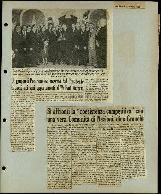 Viaggio in America di Giovanni Gronchi con la moglie Carla Bissatini (ritagli del giornale "Il Progresso Italo-Americano" di New York)