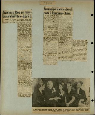 Viaggio in America di Giovanni Gronchi con la moglie Carla Bissatini (ritagli del giornale "Il Progresso Italo-Americano" di New York)