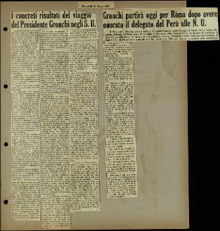 Viaggio in America di Giovanni Gronchi con la moglie Carla Bissatini (ritagli del giornale "Il Progresso Italo-Americano" di New York)