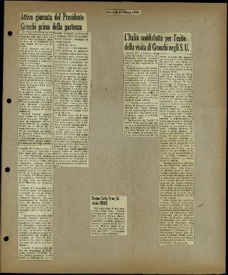 Viaggio in America di Giovanni Gronchi con la moglie Carla Bissatini (ritagli del giornale "Il Progresso Italo-Americano" di New York)