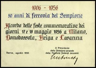 Giovanni Gronchi partecipa alla celebrazione del Cinquantenario del traforo del Sempione (1906-1956)