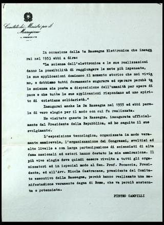 Giovanni Gronchi partecipa alla rassegna internazionale elettronica, nucleare e teleradiocinematografica tenutasi al Palazzo dei Congressi di Roma EUR dal 28 giugno al 15 luglio 1956