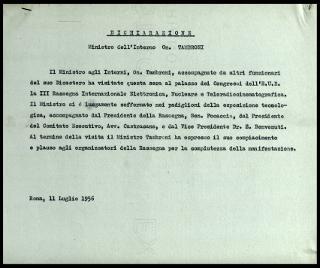 Giovanni Gronchi partecipa alla rassegna internazionale elettronica, nucleare e teleradiocinematografica tenutasi al Palazzo dei Congressi di Roma EUR dal 28 giugno al 15 luglio 1956