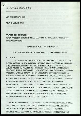 Giovanni Gronchi partecipa alla rassegna internazionale elettronica, nucleare e teleradiocinematografica tenutasi al Palazzo dei Congressi di Roma EUR dal 28 giugno al 15 luglio 1956