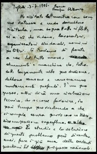 Giovanni Gronchi partecipa alla rassegna internazionale elettronica, nucleare e teleradiocinematografica tenutasi al Palazzo dei Congressi di Roma EUR dal 28 giugno al 15 luglio 1956