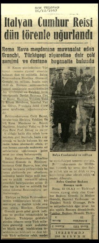 Ritagli di giornali della stampa turca sul viaggio di Gronchi ad Ankara ed Istanbul